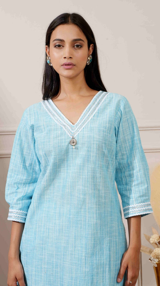 Sea Blue Chicken Cotton Straight Kurta & Pant - Ritivesh By Ritika Aggarwal