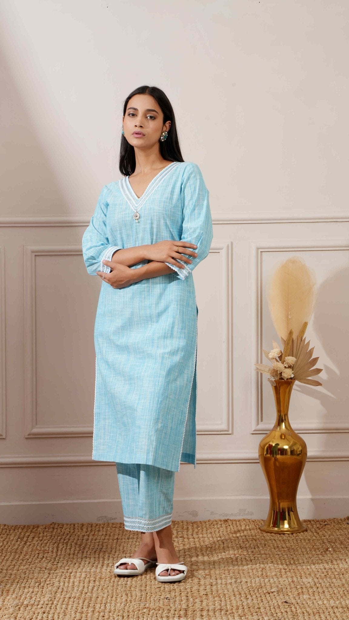 Sea Blue Chicken Cotton Straight Kurta & Pant - Ritivesh By Ritika Aggarwal