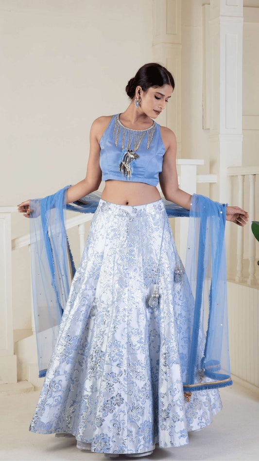 Shimmering cornflour blue lehenga - Ritivesh By Ritika Aggarwal
