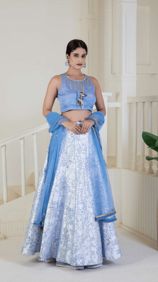 Shimmering cornflour blue lehenga - Ritivesh By Ritika Aggarwal