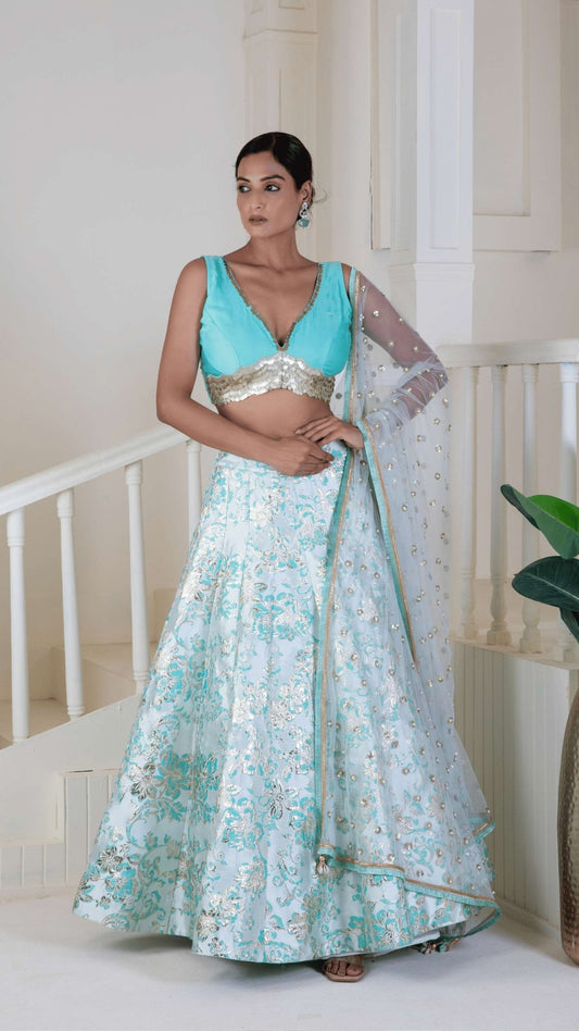 Shimmering sky blue lehenga - Ritivesh By Ritika Aggarwal