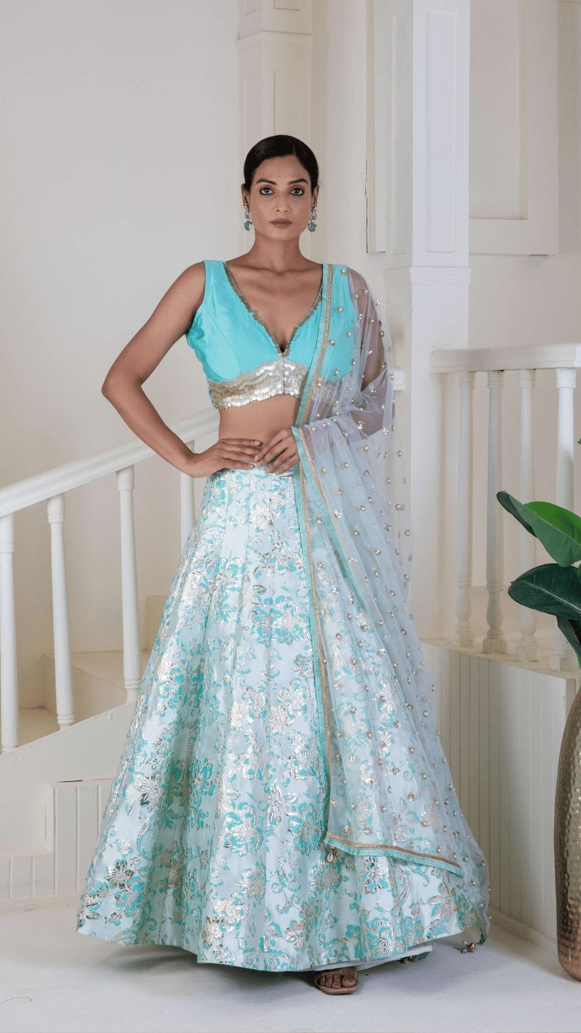 Shimmering sky blue lehenga - Ritivesh By Ritika Aggarwal