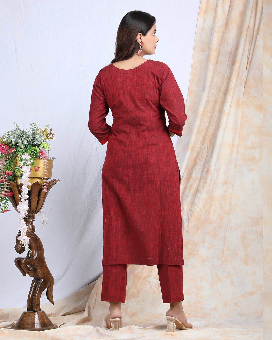 SINDOORI | Cotton Kurta Pant with Ikkat Yoke - Ritivesh By Ritika Aggarwal