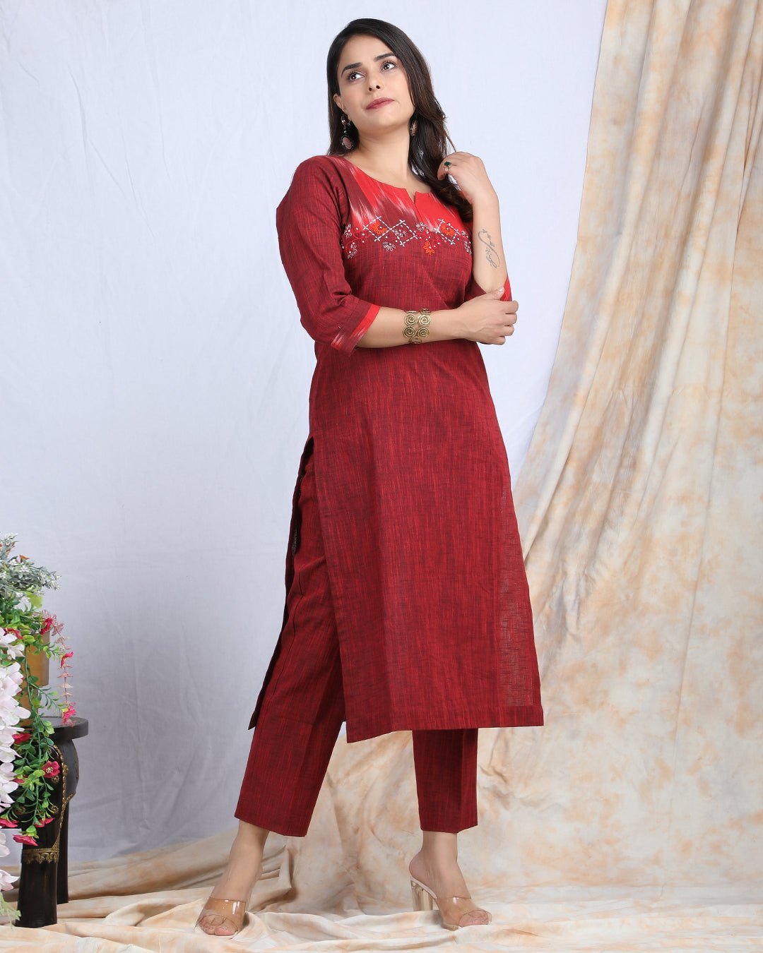SINDOORI | Cotton Kurta Pant with Ikkat Yoke - Ritivesh By Ritika Aggarwal