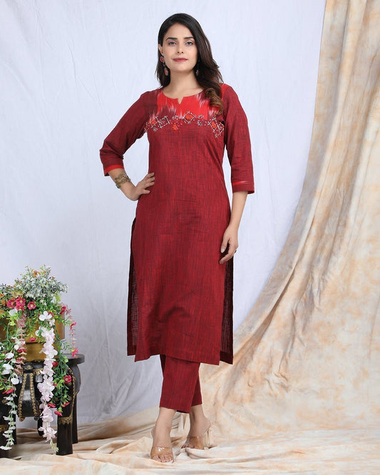 SINDOORI | Cotton Kurta Pant with Ikkat Yoke - Ritivesh By Ritika Aggarwal