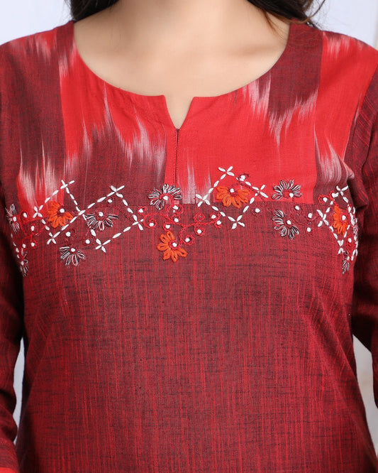 SINDOORI | Cotton Kurta Pant with Ikkat Yoke - Ritivesh By Ritika Aggarwal