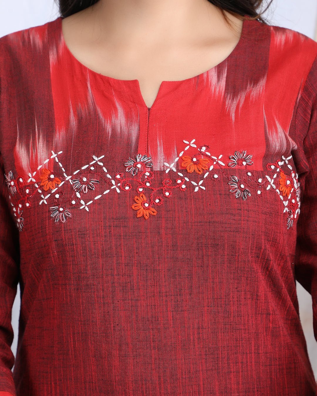 SINDOORI | Cotton Kurta Pant with Ikkat Yoke - Ritivesh By Ritika Aggarwal