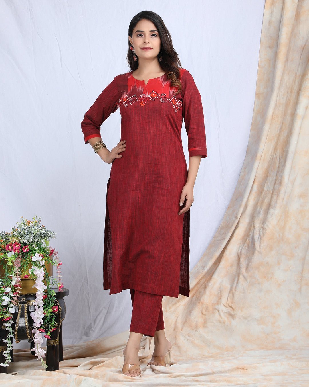 SINDOORI | Cotton Kurta Pant with Ikkat Yoke - Ritivesh By Ritika Aggarwal