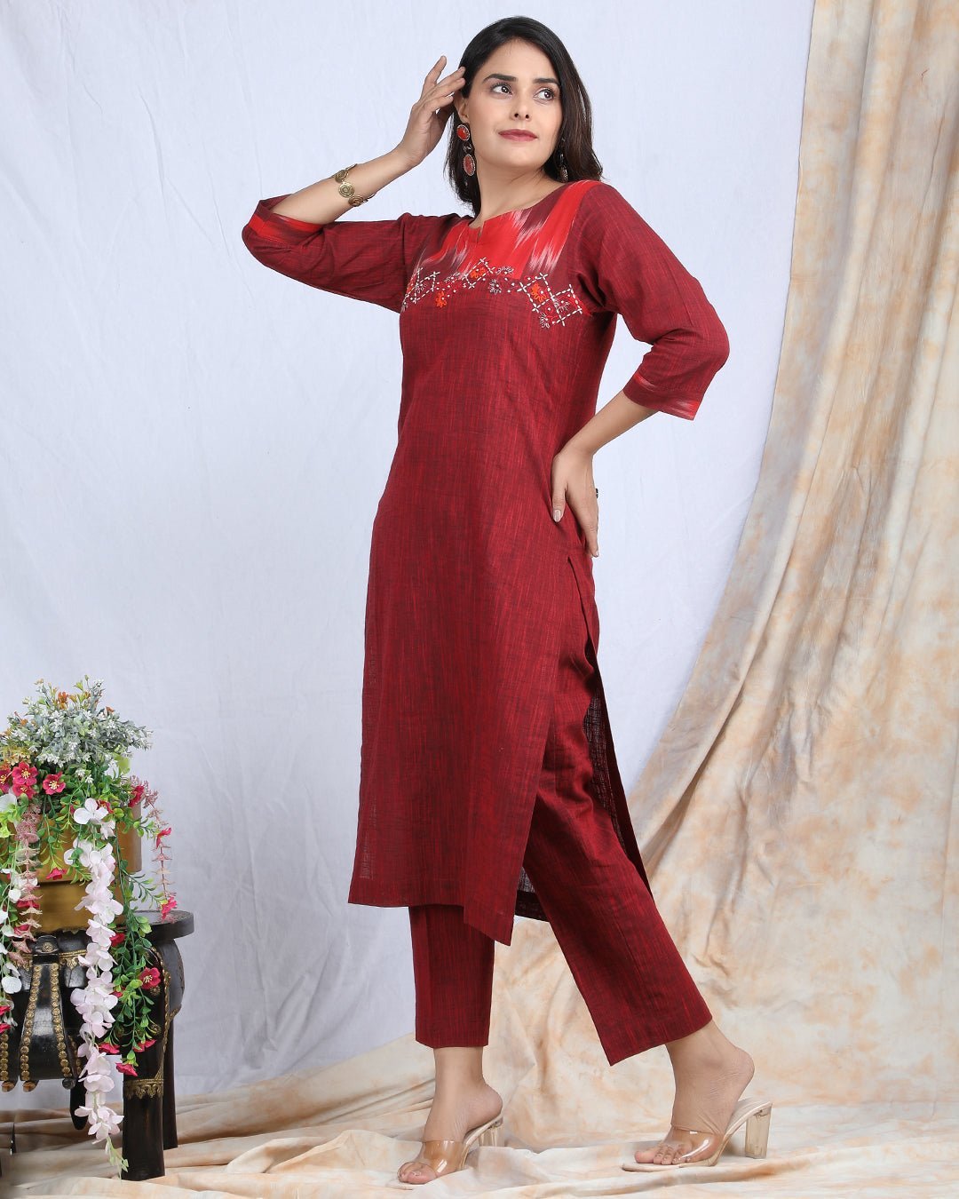 SINDOORI | Cotton Kurta Pant with Ikkat Yoke - Ritivesh By Ritika Aggarwal