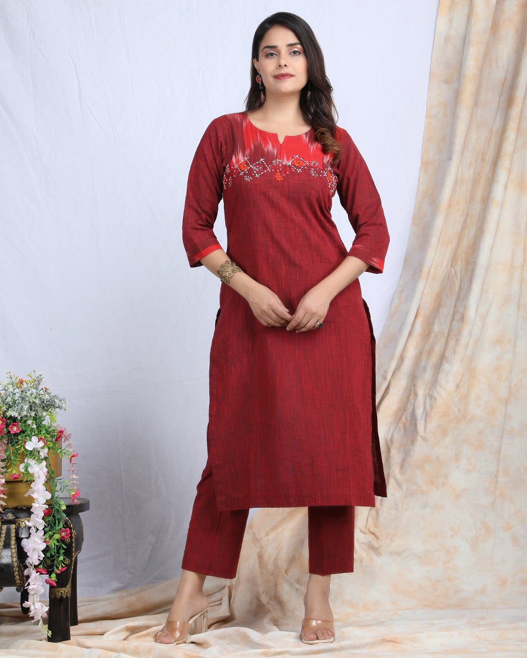 SINDOORI | Cotton Kurta Pant with Ikkat Yoke - Ritivesh By Ritika Aggarwal