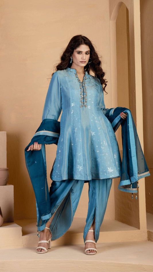 Steel Blue short kalidar Kurta with Steel Blue Tulip Salwar - Ritivesh By Ritika Aggarwal