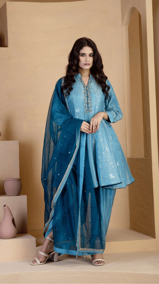 Steel Blue short kalidar Kurta with Steel Blue Tulip Salwar - Ritivesh By Ritika Aggarwal