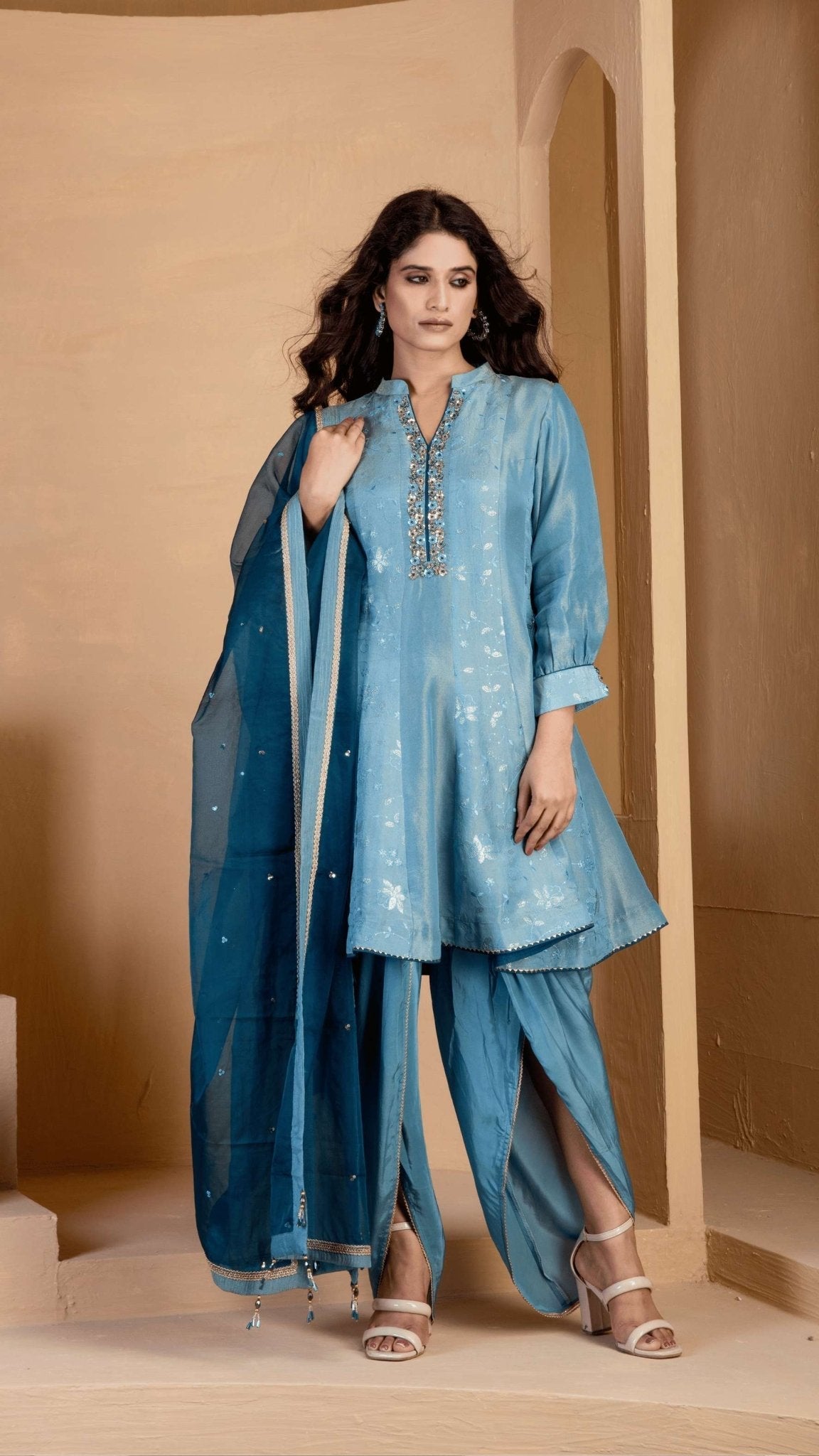 Steel Blue short kalidar Kurta with Steel Blue Tulip Salwar - Ritivesh By Ritika Aggarwal