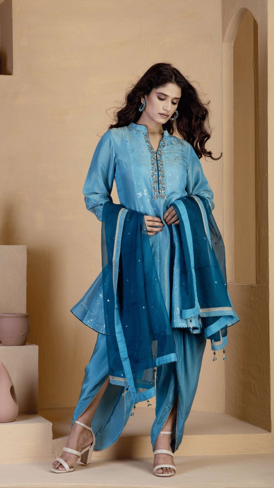 Steel Blue short kalidar Kurta with Steel Blue Tulip Salwar - Ritivesh By Ritika Aggarwal
