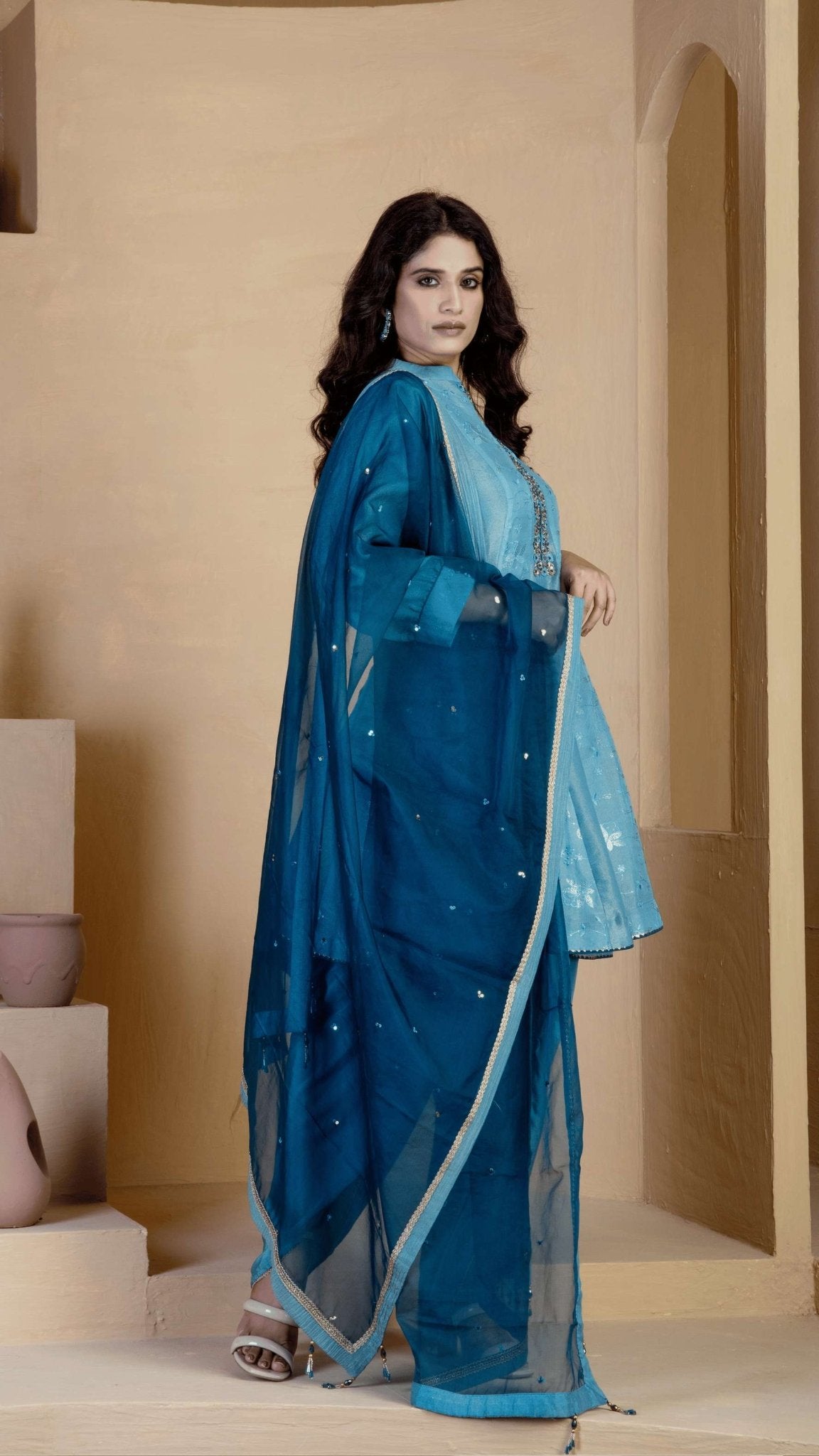 Steel Blue short kalidar Kurta with Steel Blue Tulip Salwar - Ritivesh By Ritika Aggarwal