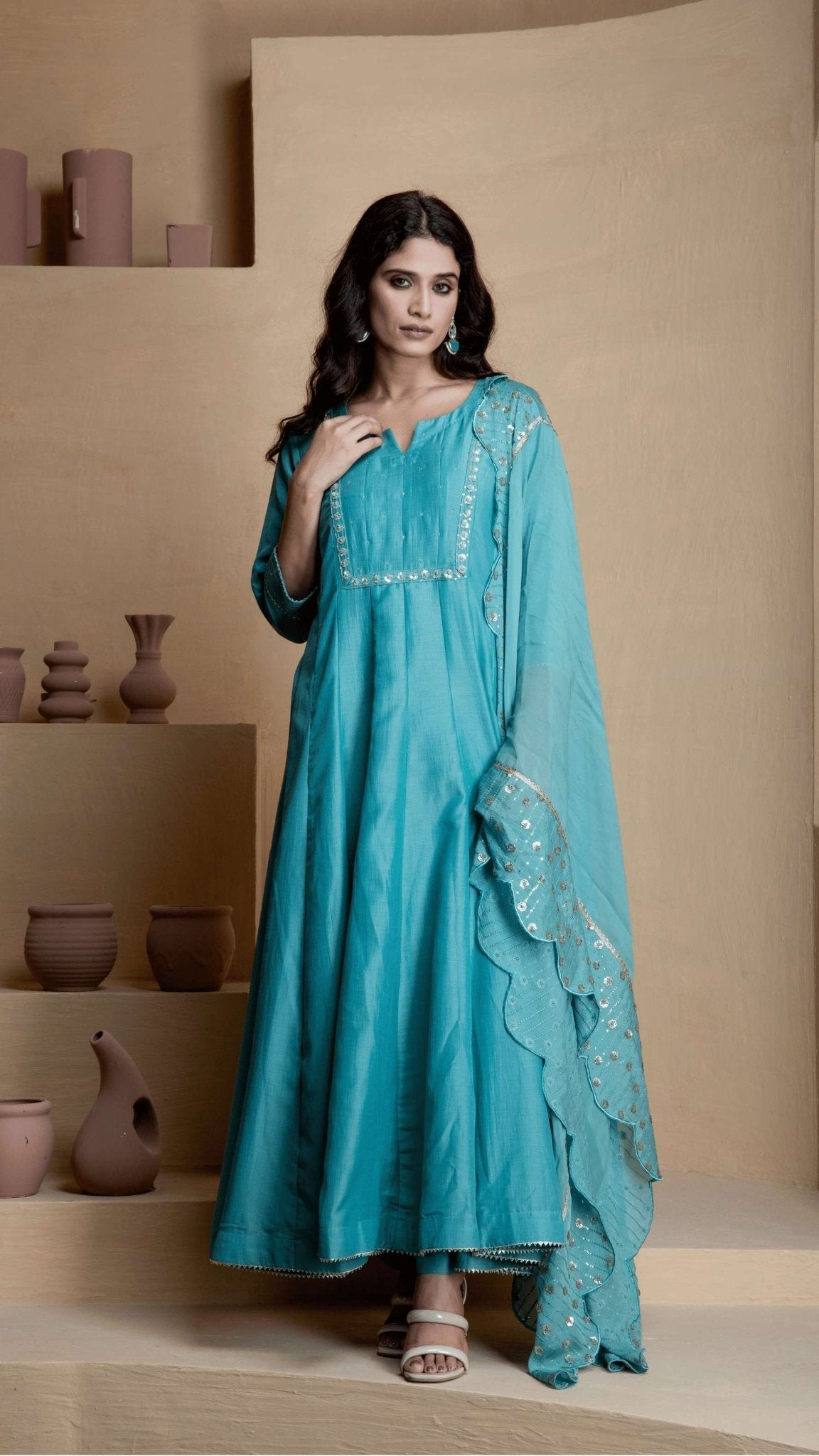 Stunning blue anarkali three piece set - Ritivesh By Ritika Aggarwal