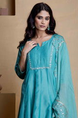 Stunning blue anarkali three piece set - Ritivesh By Ritika Aggarwal