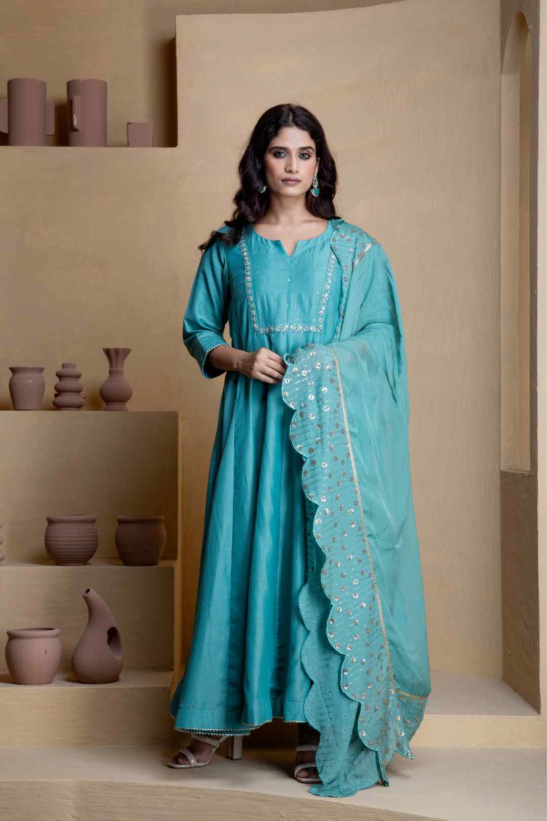 Stunning blue anarkali three piece set - Ritivesh By Ritika Aggarwal