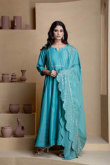 Stunning blue anarkali three piece set - Ritivesh By Ritika Aggarwal