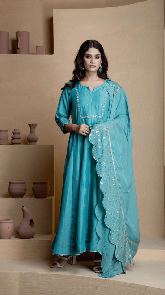 Stunning blue anarkali three piece set - Ritivesh By Ritika Aggarwal