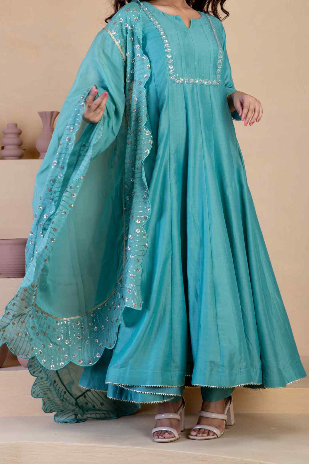 Stunning blue anarkali three piece set - Ritivesh By Ritika Aggarwal