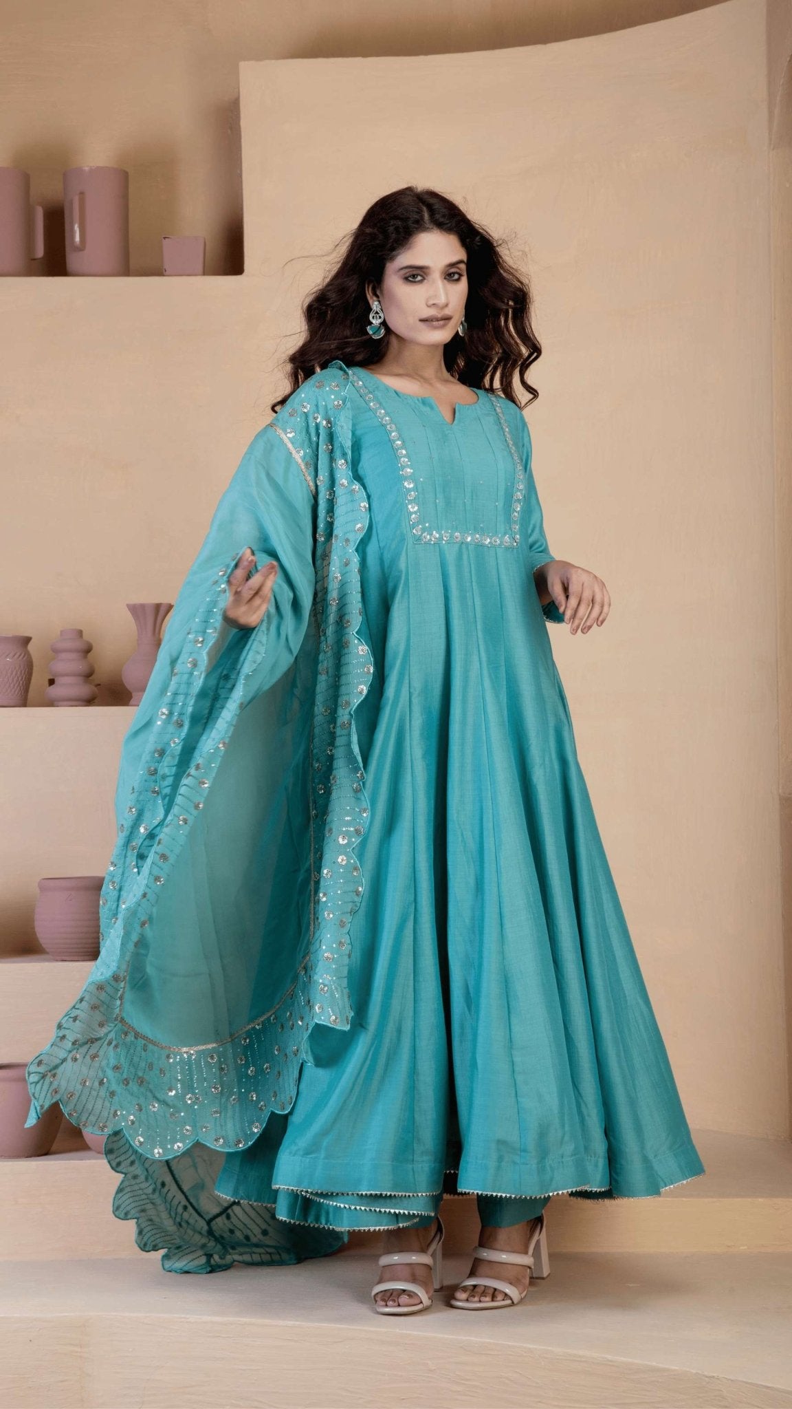 Stunning blue anarkali three piece set - Ritivesh By Ritika Aggarwal