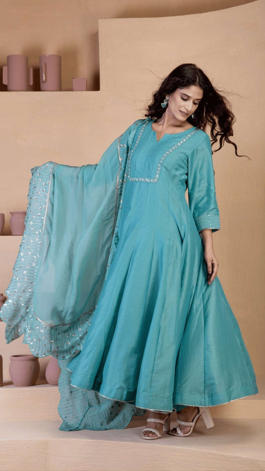 Stunning blue anarkali three piece set - Ritivesh By Ritika Aggarwal