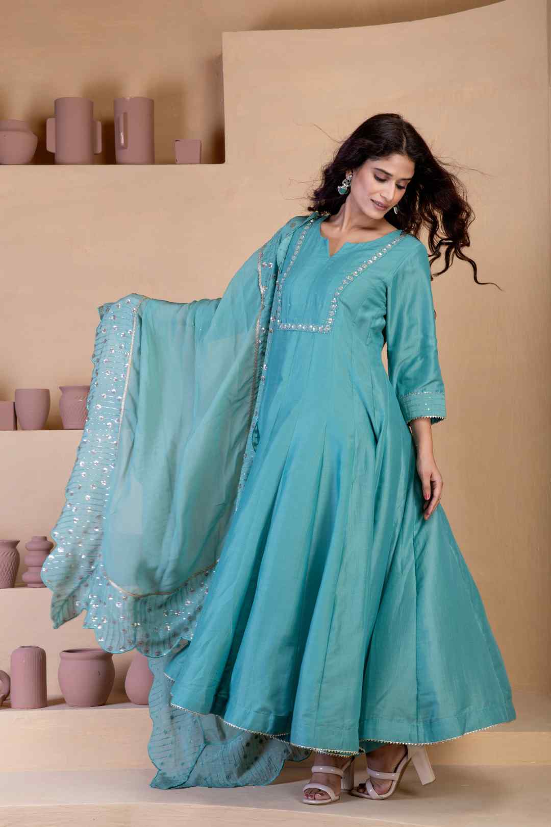 Stunning blue anarkali three piece set - Ritivesh By Ritika Aggarwal