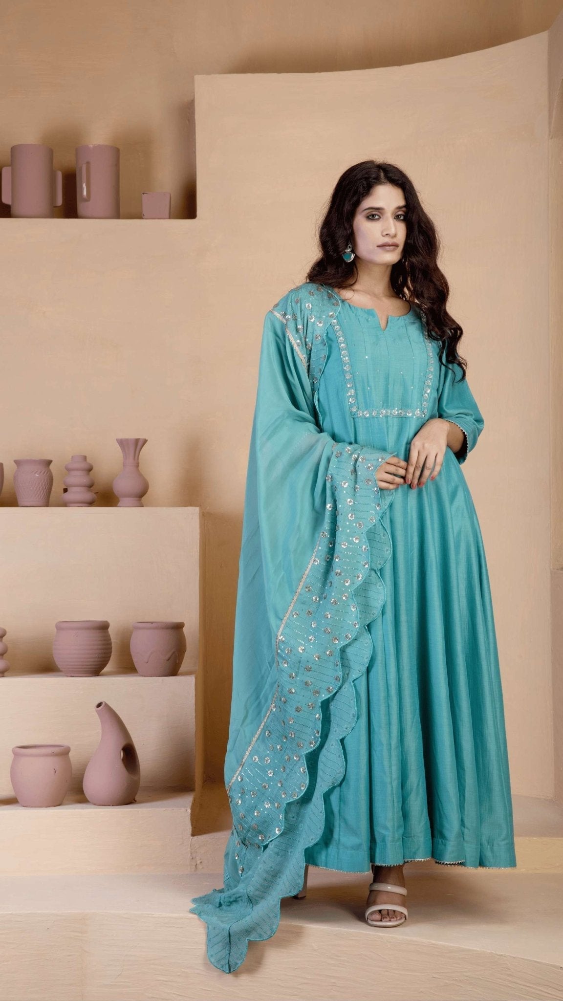 Stunning blue anarkali three piece set - Ritivesh By Ritika Aggarwal