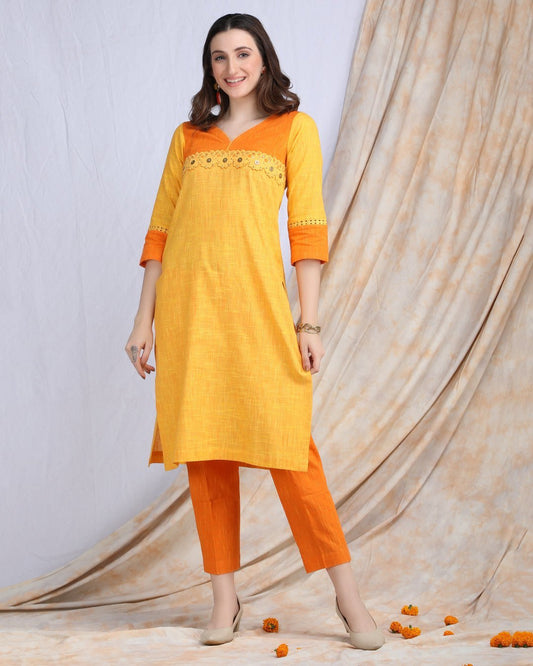 SUJATA | Yellow Handloom Cotton Kurta Pant - Ritivesh By Ritika Aggarwal