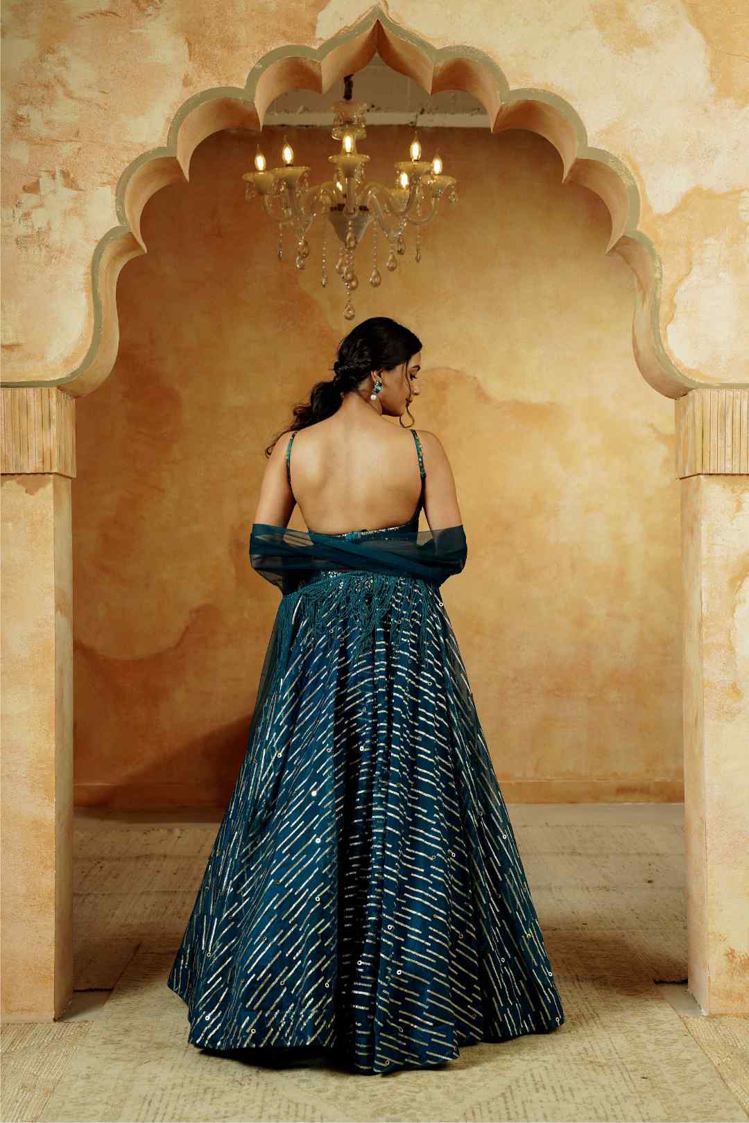Teal Blue Sequin Bustier Lehenga Set - Ritivesh By Ritika Aggarwal