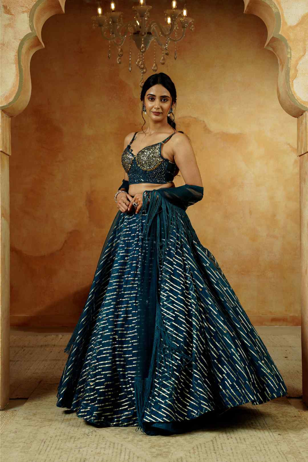 Teal Blue Sequin Bustier Lehenga Set - Ritivesh By Ritika Aggarwal