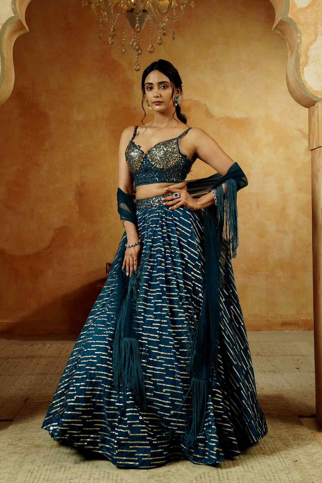 Teal Blue Sequin Bustier Lehenga Set - Ritivesh By Ritika Aggarwal