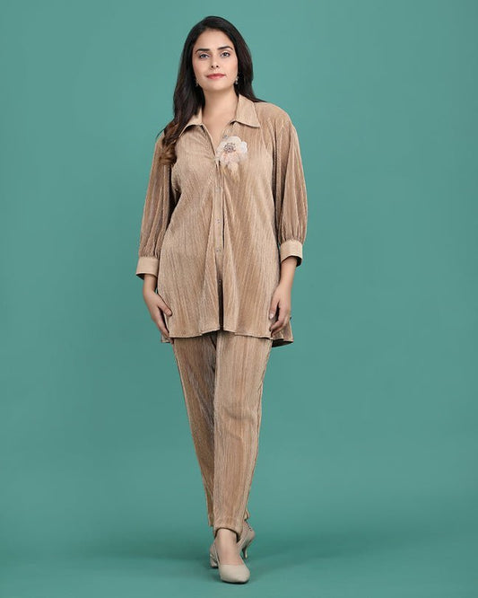 TOPAZ | Golden crepe wrinkled coord set - Ritivesh By Ritika Aggarwal