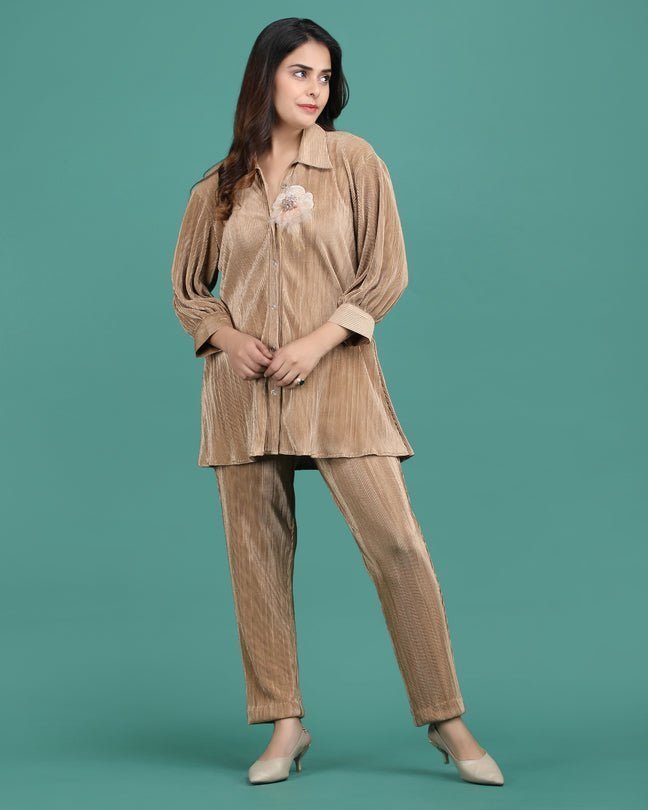 TOPAZ | Golden crepe wrinkled coord set - Ritivesh By Ritika Aggarwal