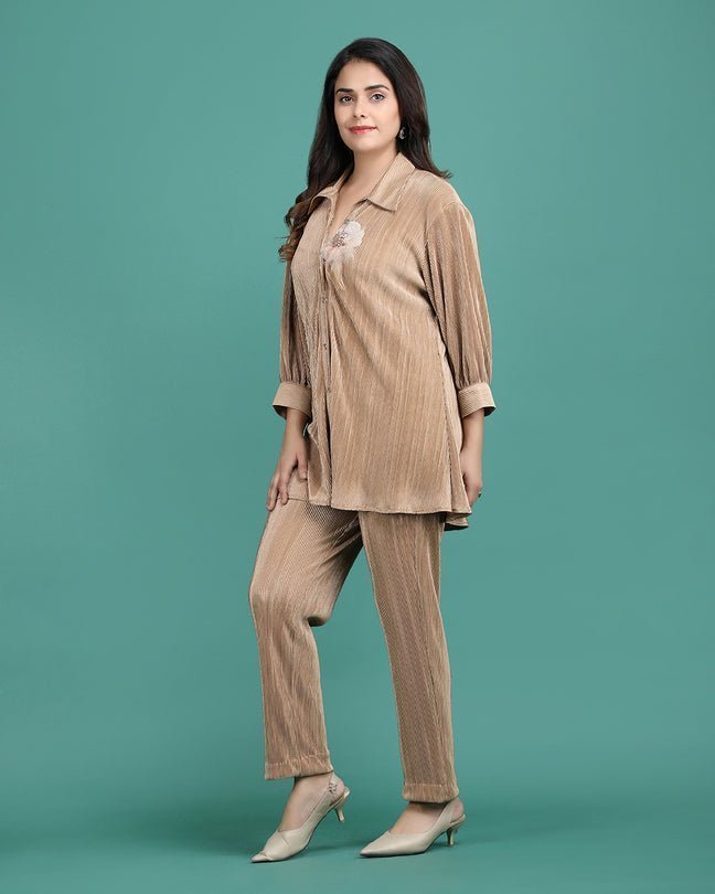 TOPAZ | Golden crepe wrinkled coord set - Ritivesh By Ritika Aggarwal