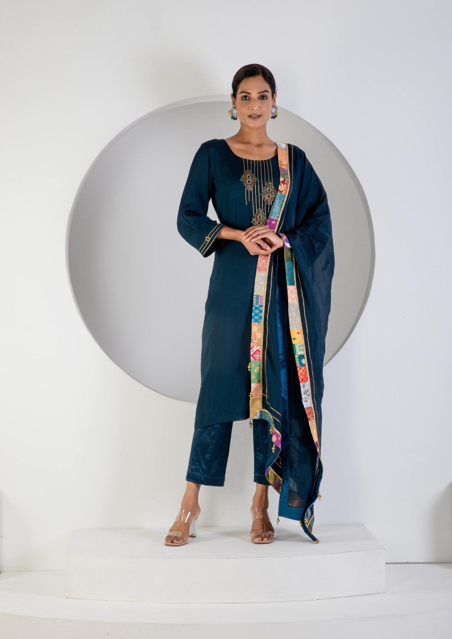Turquoise Kurat Set With Hand Embroidered - Ritivesh By Ritika Aggarwal