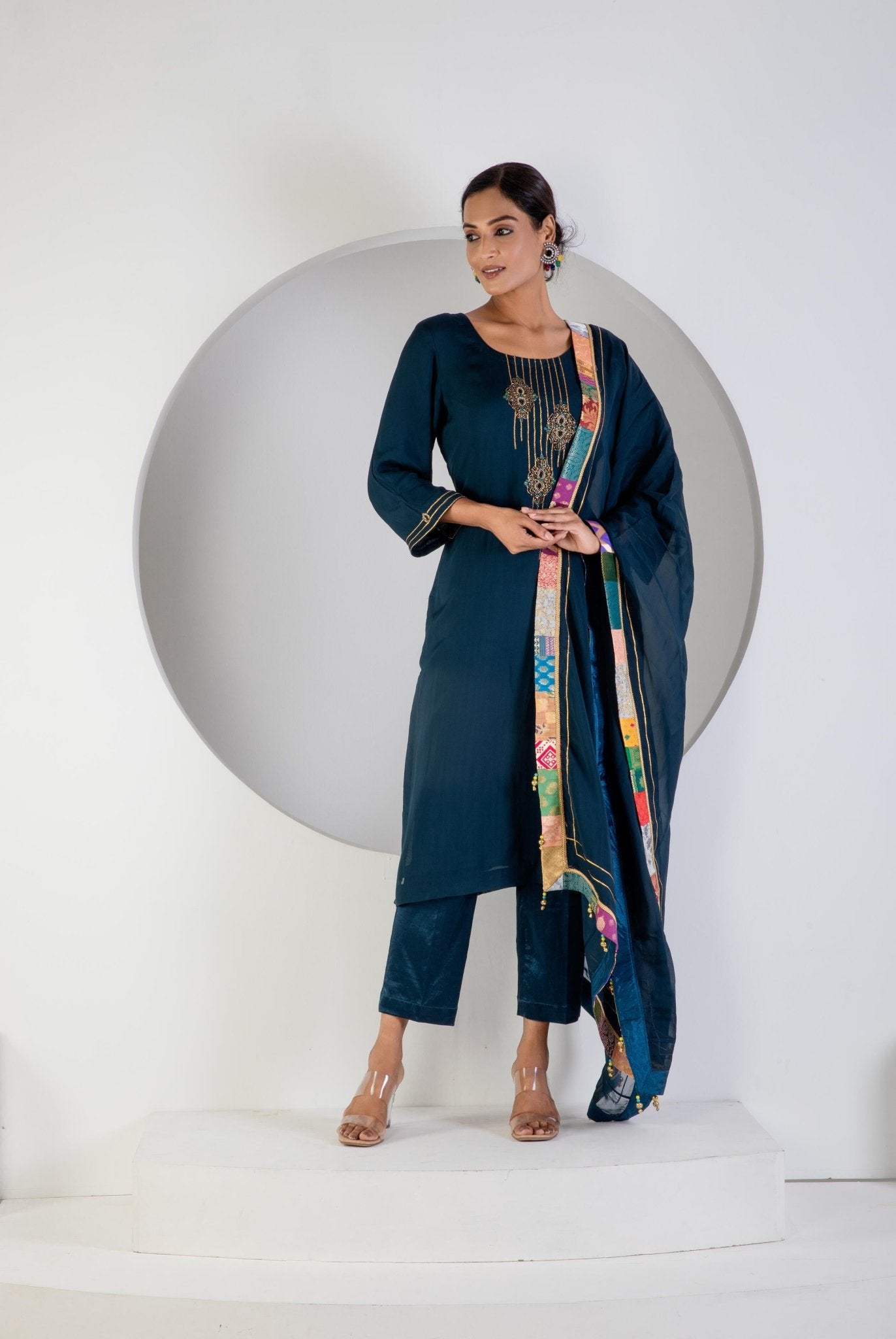 Turquoise Kurat Set With Hand Embroidered - Ritivesh By Ritika Aggarwal