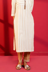 White & Brown Stripe Khadi Cotton Hand - Crafted Straight Kurta & Pant - Ritivesh By Ritika Aggarwal