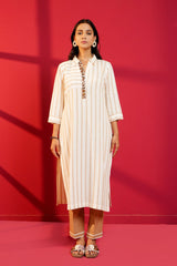 White & Brown Stripe Khadi Cotton Hand - Crafted Straight Kurta & Pant - Ritivesh By Ritika Aggarwal