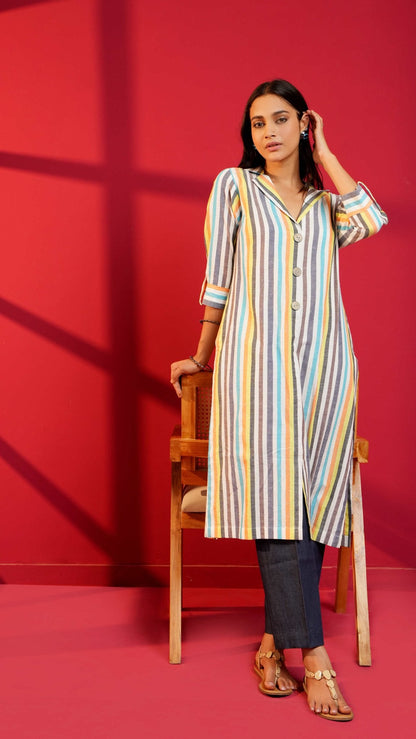 White Stripe Cotton Straight Kurta & Pant - Ritivesh By Ritika Aggarwal