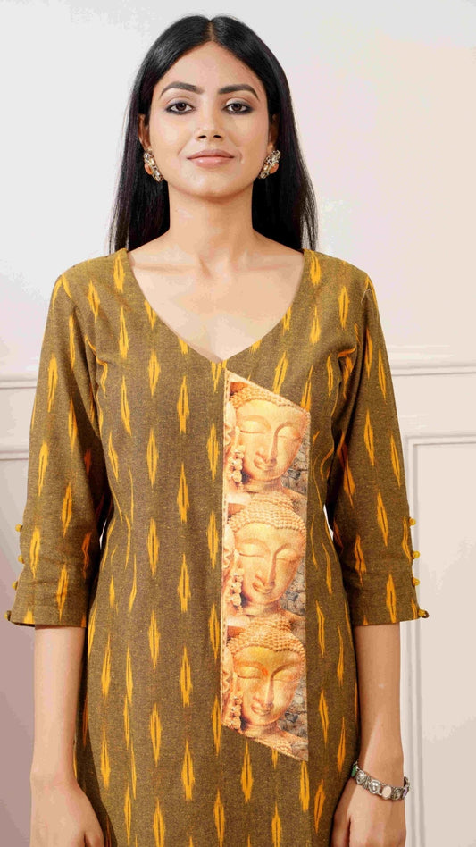 Wood Green Cotton Ikkat Straight Kurta & Pant - Ritivesh By Ritika Aggarwal