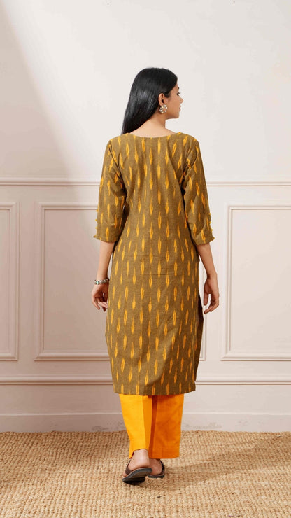 Wood Green Cotton Ikkat Straight Kurta & Pant - Ritivesh By Ritika Aggarwal