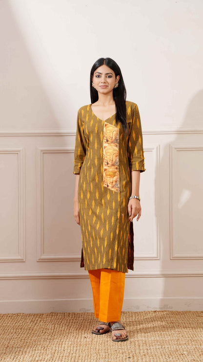 Wood Green Cotton Ikkat Straight Kurta & Pant - Ritivesh By Ritika Aggarwal