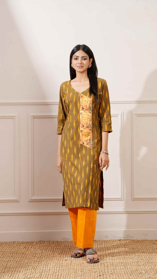 Wood Green Cotton Ikkat Straight Kurta & Pant - Ritivesh By Ritika Aggarwal