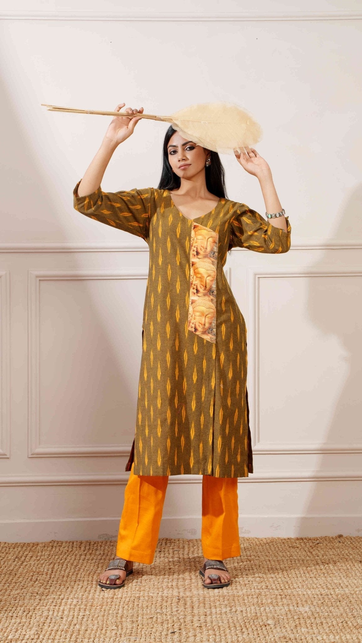 Wood Green Cotton Ikkat Straight Kurta & Pant - Ritivesh By Ritika Aggarwal