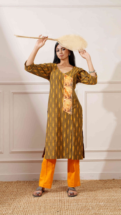 Wood Green Cotton Ikkat Straight Kurta & Pant - Ritivesh By Ritika Aggarwal